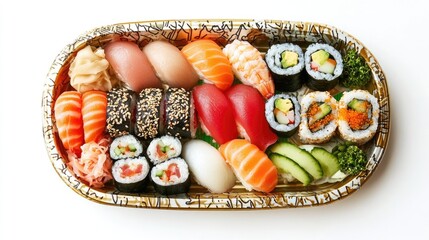 Top view of a beautifully arranged sushi platter on a white background, with ample copy space suitable for advertising or promotional content.