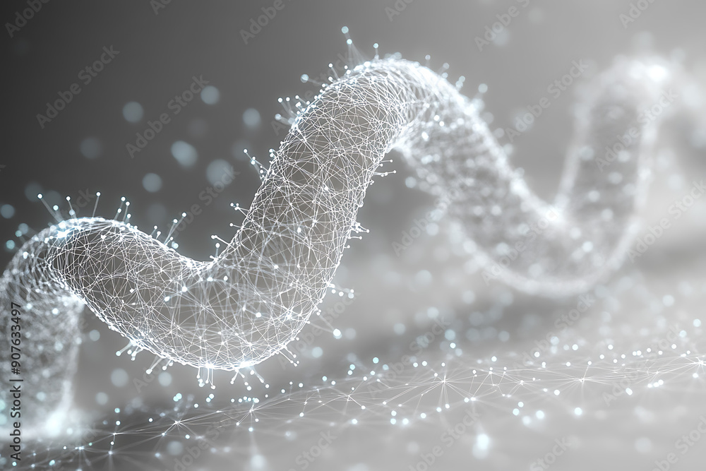 Poster a digital representation of a dna helix composed of glowing particles, set against a dark background