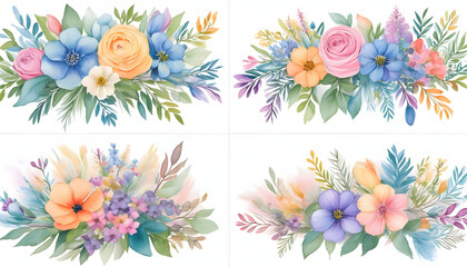 set of watercolor pastel flower decoration on wedding table with flowers 
