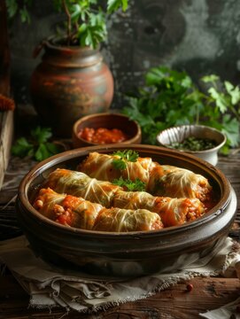 A traditional Romanian dish of sarmale - savory cabbage rolls stuffed with minced meat and rice, served in a rustic clay dish.