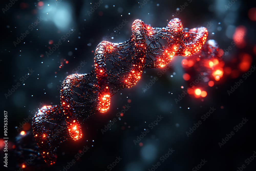 Poster a digital representation of a dna helix composed of glowing particles, set against a dark background