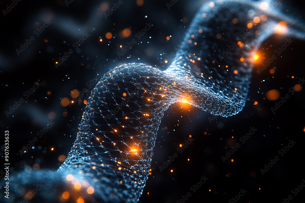 Poster a digital representation of a dna helix composed of glowing particles, set against a dark background