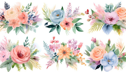 set of watercolor pastel flower decoration on wedding table with flowers 