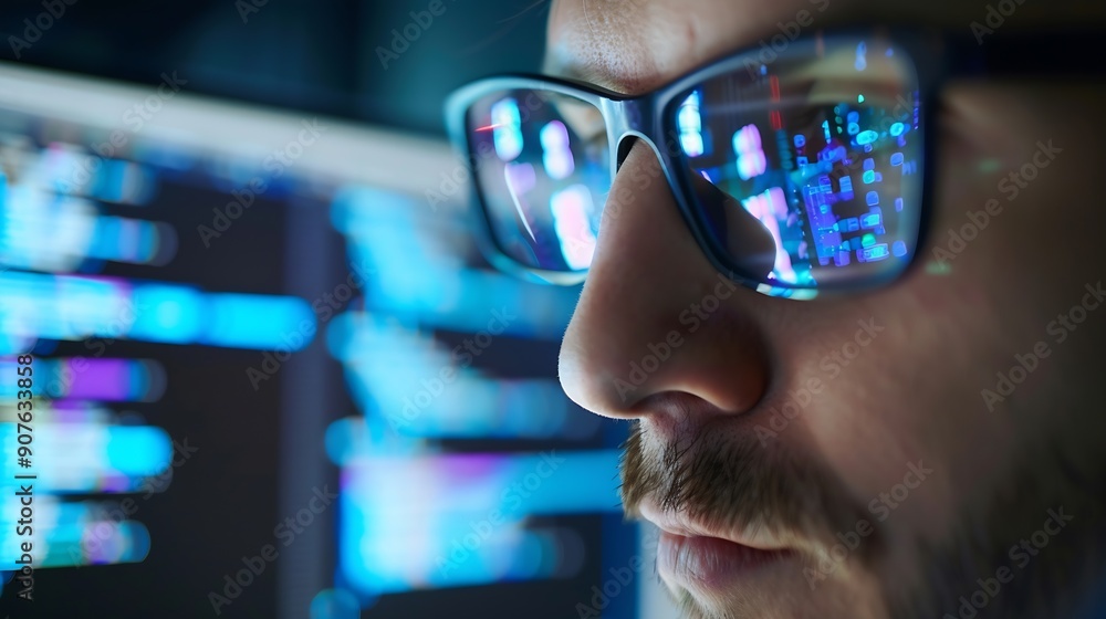 Leinwandbilder Closeup portrait of focused software engineer wearing eyeglasses looking at computer screen working with big data Programming code reflecting in glasses Data science Machine Learning A : Generative AI