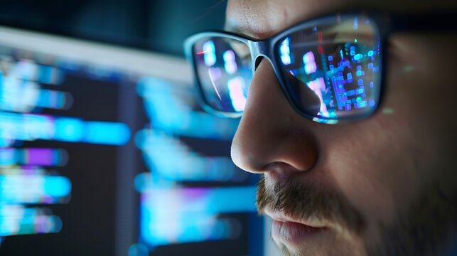 Closeup portrait of focused software engineer wearing eyeglasses looking at computer screen working with big data Programming code reflecting in glasses Data science Machine Learning A : Generative AI