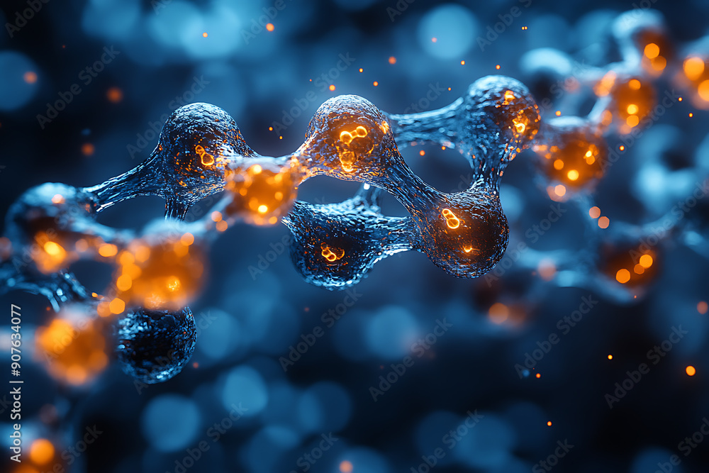 Poster a digital dna helix made of glowing particles, set against a dark background with bokeh light effect