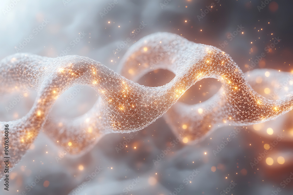 Poster a digital dna helix made of glowing particles, set against a dark background with bokeh light effect