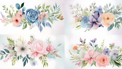 set of watercolor pastel flower decoration on wedding table with flowers 