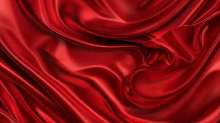 Obraz premium Red silk satin Soft folds Fabric Bright luxury background Space design Wavy lines Banner Flat lay top view table Template Beautiful Elegant Christmas New Year Valentine Mothers Day : Generative AI
