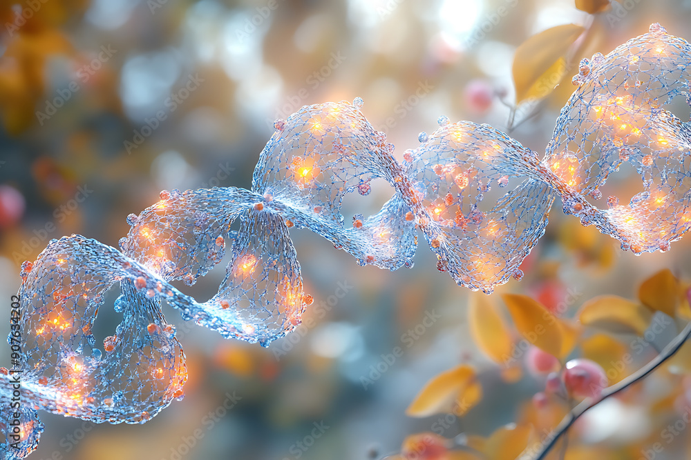 Poster a digital dna helix made of glowing particles, set against a dark background with bokeh light effect