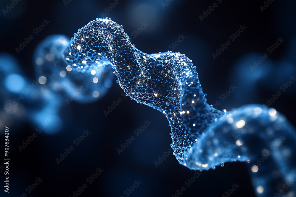 Poster a digital dna helix made of glowing particles, set against a dark background with bokeh light effect