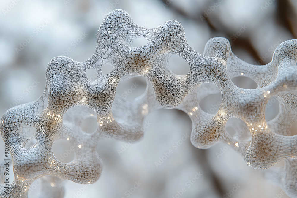 Poster a digital dna helix made of glowing particles, set against a dark background with bokeh light effect
