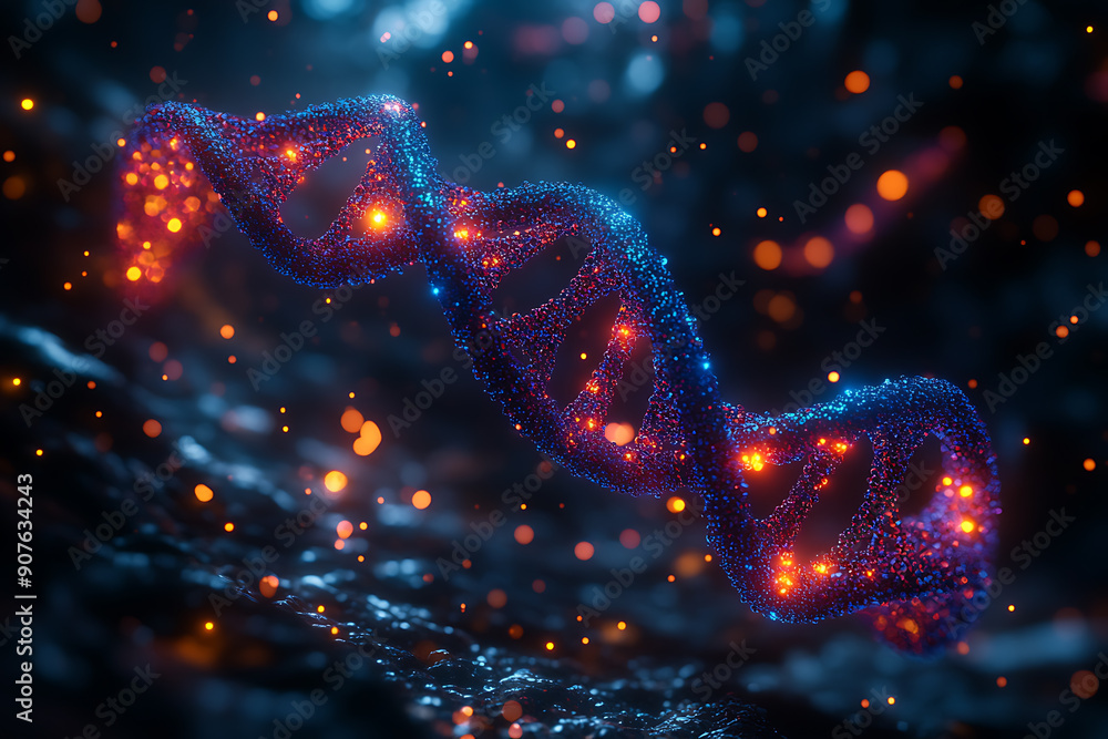 Poster a digital dna helix made of glowing particles, set against a dark background with bokeh light effect