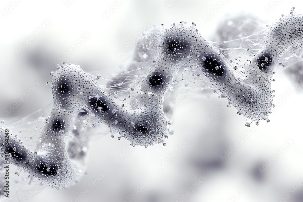 Poster a digital dna helix made of glowing particles, set against a dark background with bokeh light effect