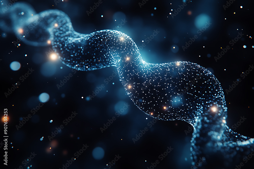 Poster a digital dna helix made of glowing particles, set against a dark background with bokeh light effect