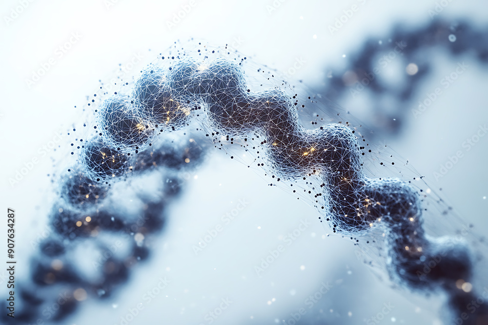 Poster a digital dna helix made of glowing particles, set against a dark background with bokeh light effect