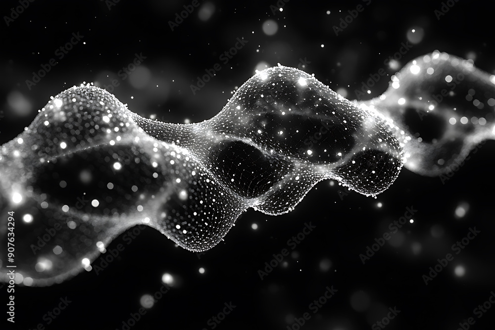 Poster a digital dna helix made of glowing particles, set against a dark background with bokeh light effect