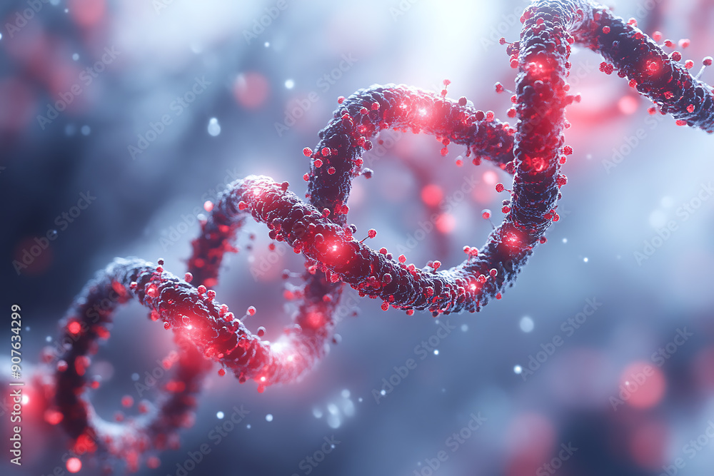 Poster a digital dna helix made of glowing particles, set against a dark background with bokeh light effect