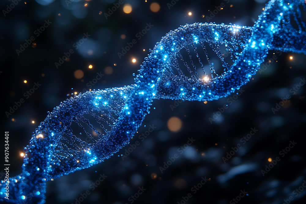 Poster a digital dna helix made of glowing particles, set against a dark background with bokeh light effect