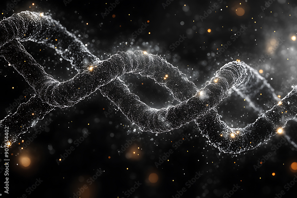 Poster a digital dna helix made of glowing particles, set against a dark background with bokeh light effect