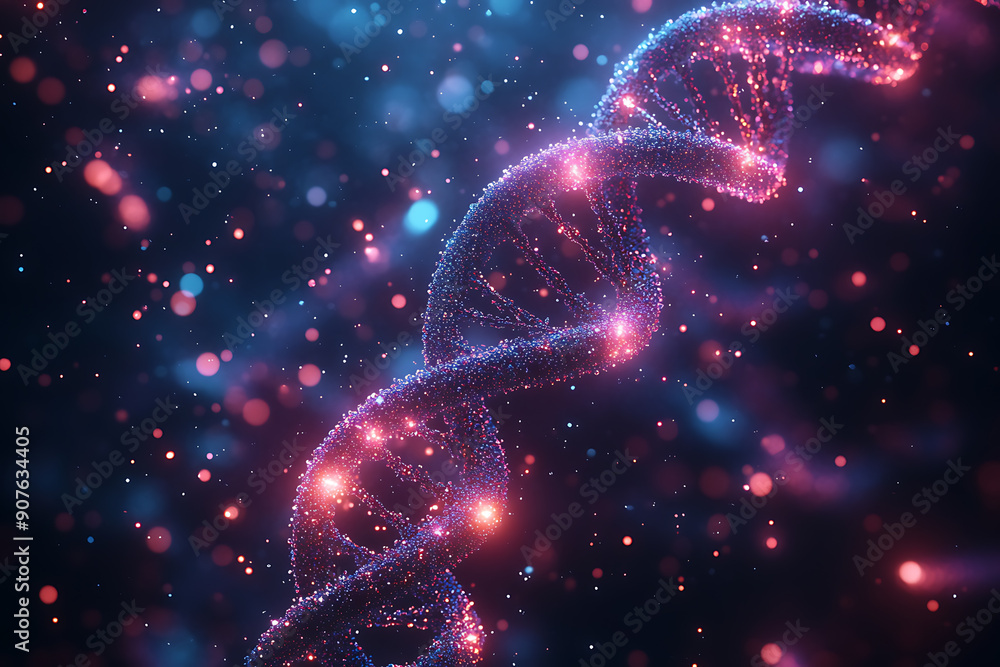 Poster a digital dna helix made of glowing particles, set against a dark background with bokeh light effect
