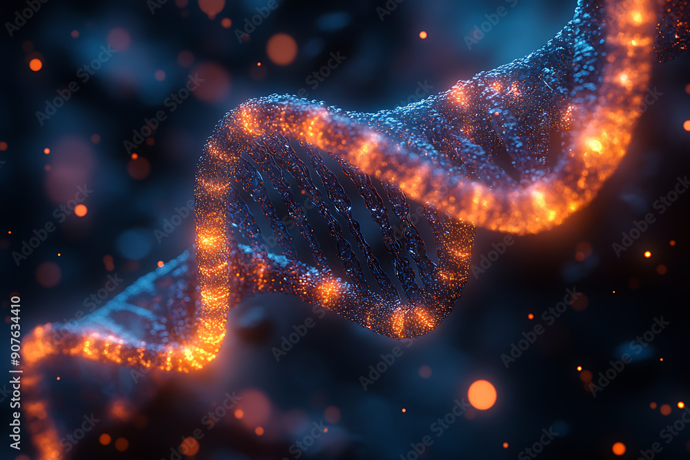 Poster a digital dna helix made of glowing particles, set against a dark background with bokeh light effect