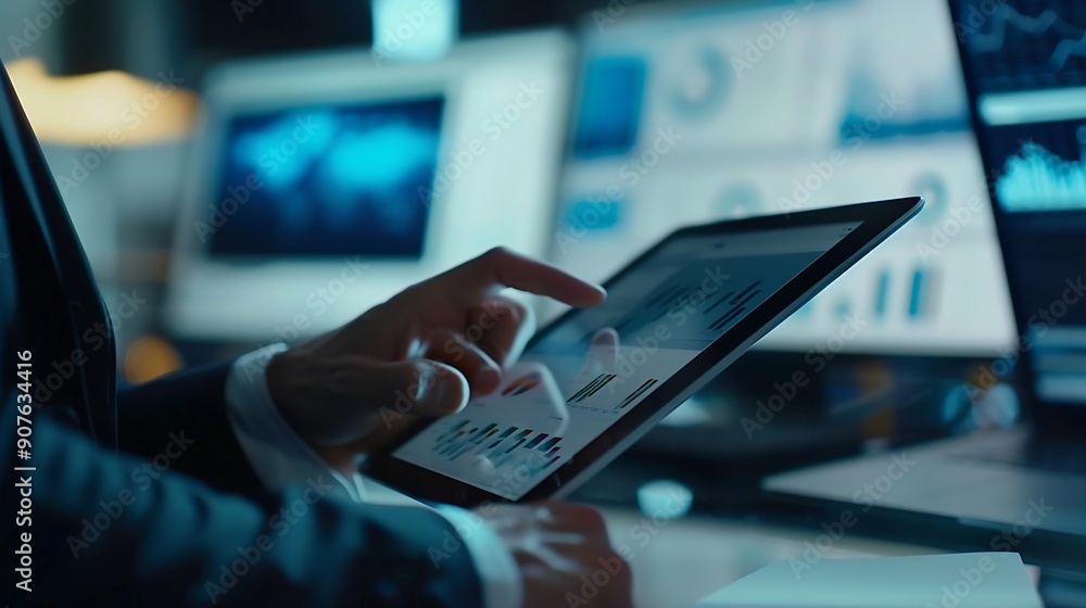 Poster business team using tablet and laptop analyzing sales data economic growth graph chart business plan