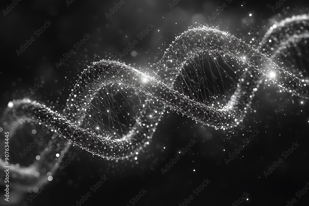 Poster a digital dna helix made of glowing particles, set against a dark background with bokeh light effect
