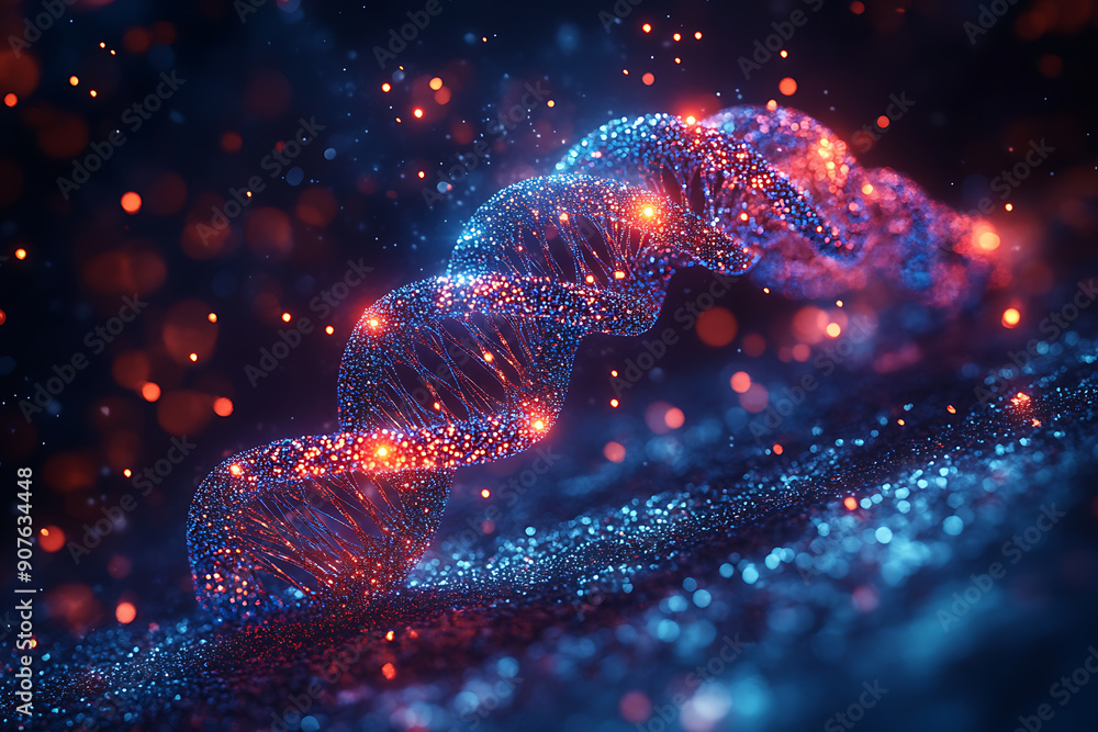 Poster a digital dna helix made of glowing particles, set against a dark background with bokeh light effect