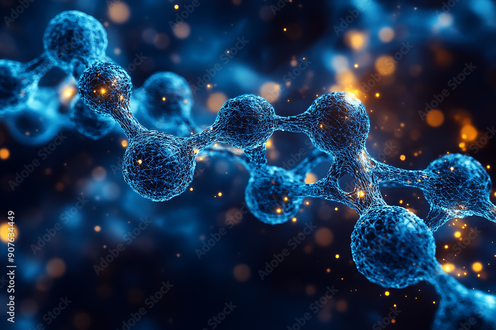 Poster a digital dna helix made of glowing particles, set against a dark background with bokeh light effect