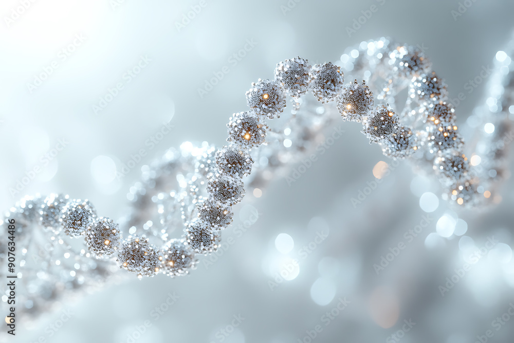 Poster a digital dna helix made of glowing particles, set against a dark background with bokeh light effect