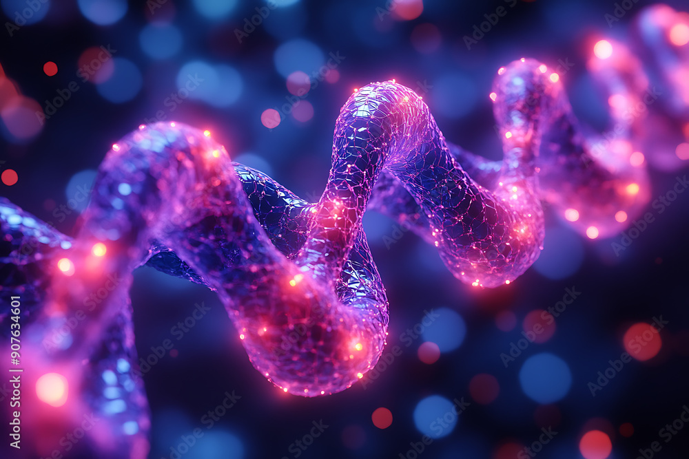 Poster a digital dna helix made of glowing particles, set against a dark background with bokeh light effect
