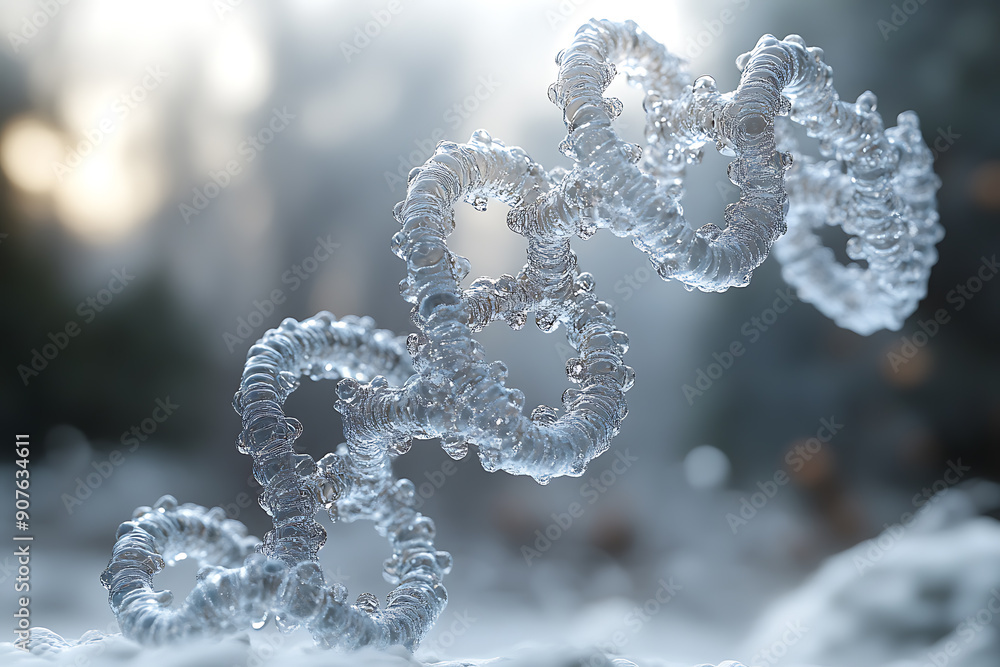 Poster a digital dna helix made of glowing particles, set against a dark background with bokeh light effect