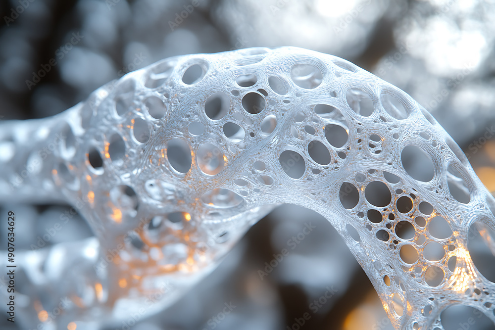 Poster a digital dna helix made of glowing particles, set against a dark background with bokeh light effect