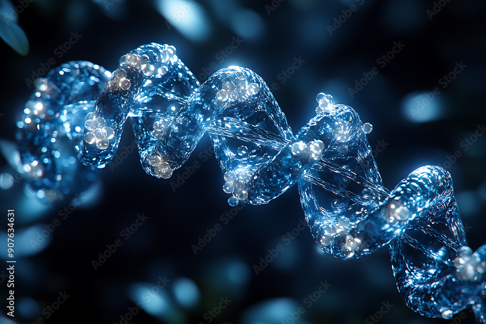 Poster a digital dna helix made of glowing particles, set against a dark background with bokeh light effect