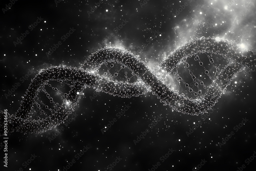 Poster a digital dna helix made of glowing particles, set against a dark background with bokeh light effect