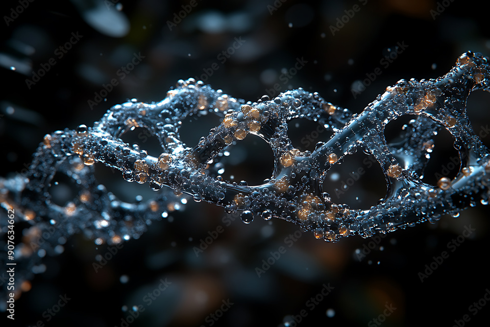 Poster a digital dna helix made of glowing particles, set against a dark background with bokeh light effect