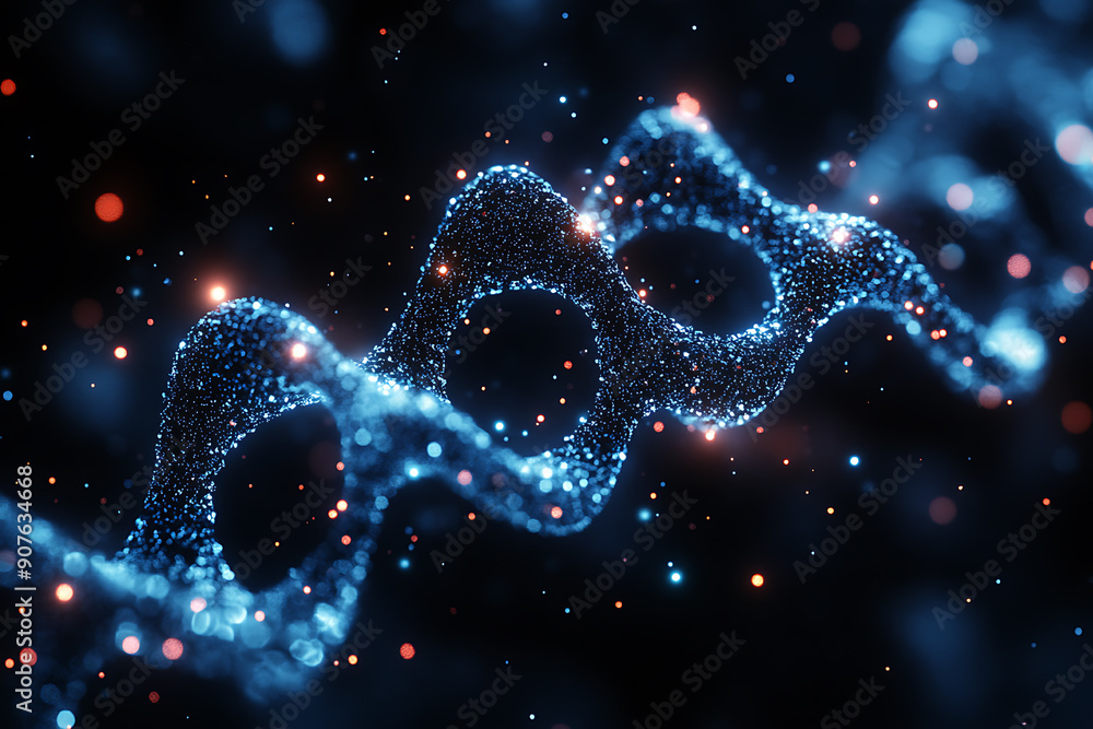 Poster a digital dna helix made of glowing particles, set against a dark background with bokeh light effect
