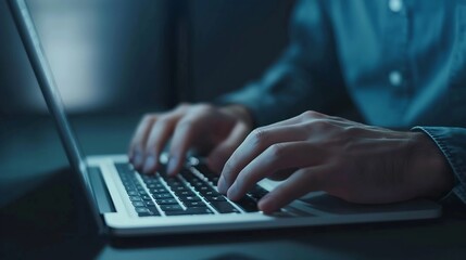 Working in the middle of the night Man sat typing away on a laptop in his office with a determined look on his face Male hand pressing on laptop keyboard : Generative AI