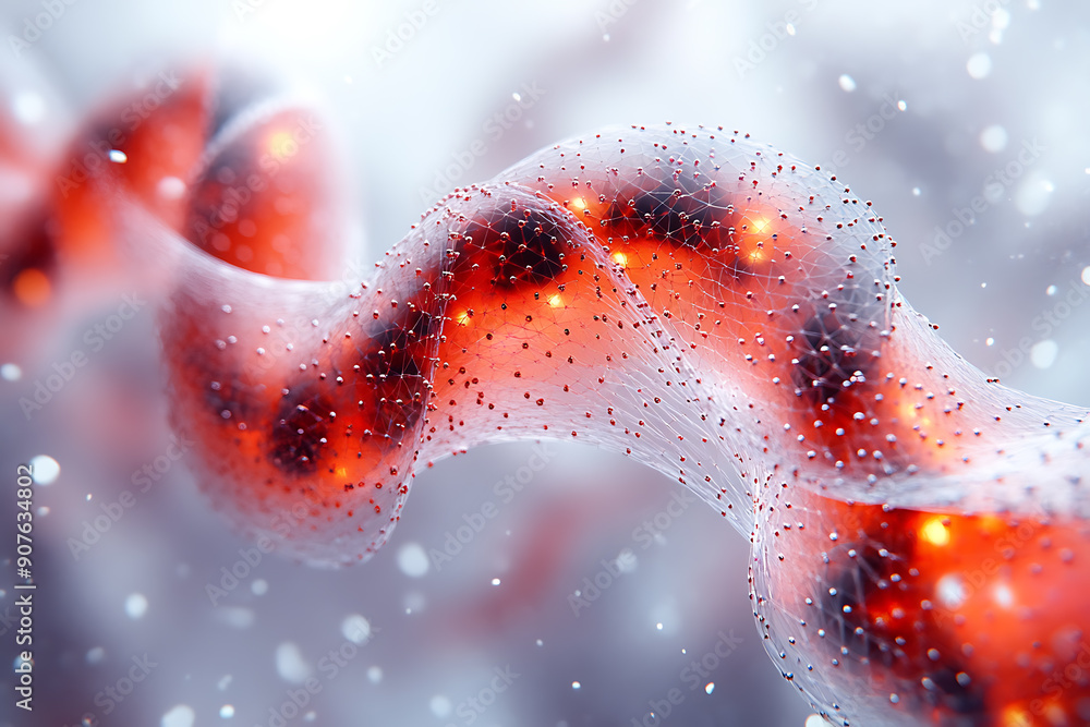 Poster a digital representation of a dna helix composed of glowing particles, set against a dark background