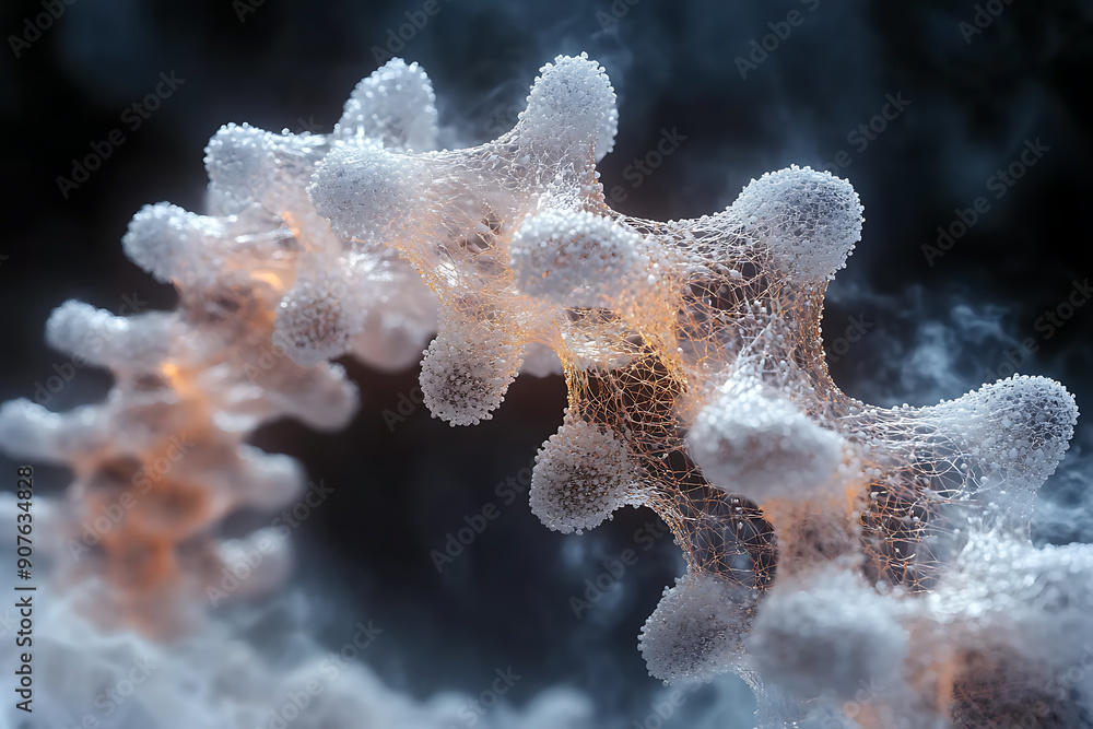 Poster a digital representation of a dna helix composed of glowing particles, set against a dark background