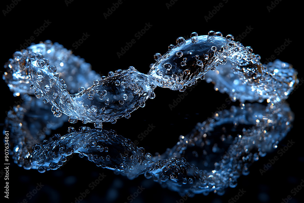 Poster a digital representation of a dna helix composed of glowing particles, set against a dark background