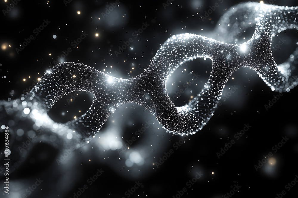 Poster a digital representation of a dna helix composed of glowing particles, set against a dark background