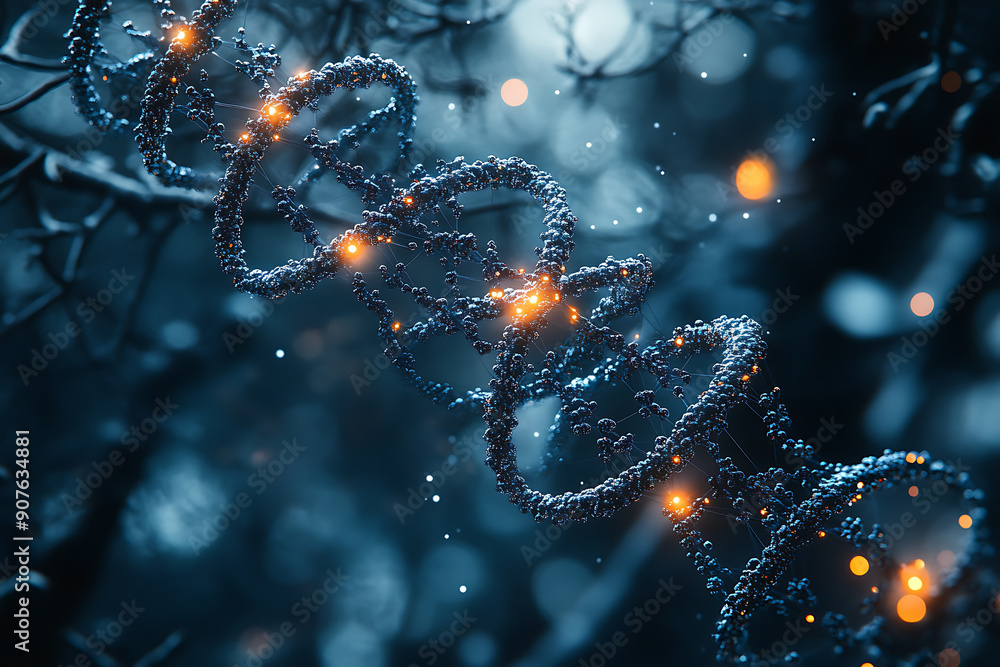 Poster a digital representation of a dna helix composed of glowing particles, set against a dark background
