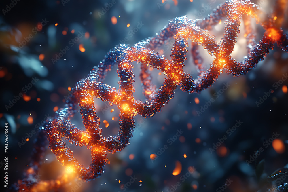 Poster a digital representation of a dna helix composed of glowing particles, set against a dark background