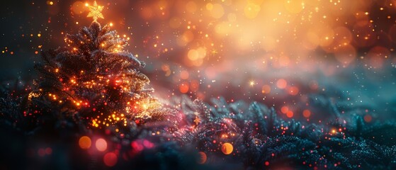 Fototapeta premium A serene winter scene featuring a glowing pine tree surrounded by magical bokeh lights, perfect for festive celebrations.