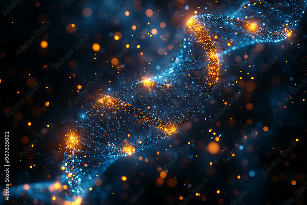 Poster a digital representation of a dna helix composed of glowing particles, set against a dark background