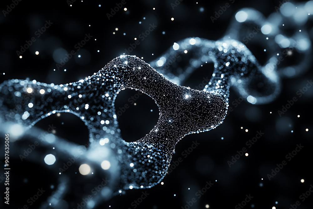 Poster a digital representation of a dna helix composed of glowing particles, set against a dark background