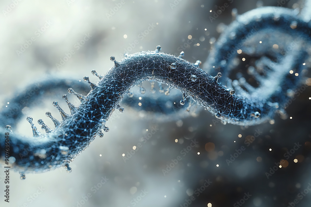 Poster a digital representation of a dna helix composed of glowing particles, set against a dark background