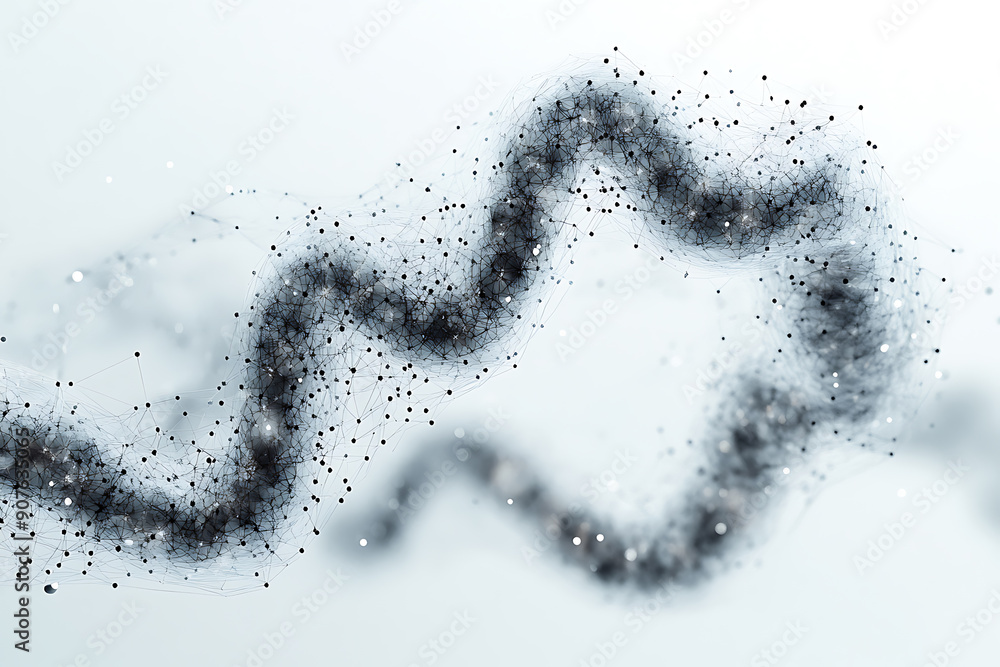 Poster a digital representation of a dna helix composed of glowing particles, set against a dark background